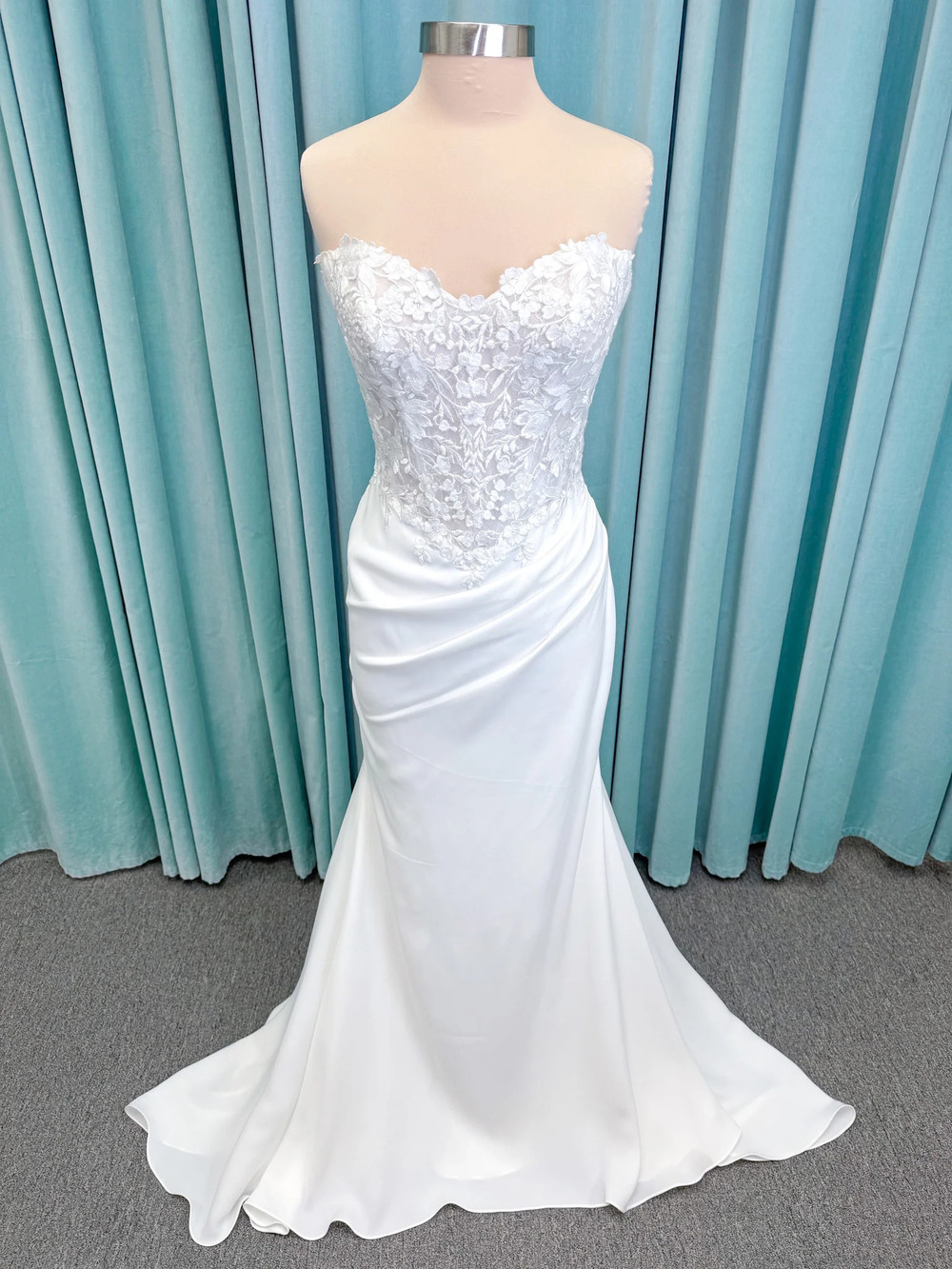Randy Fenoli Kitty Strapless Crepe Fit and Flare Wedding Dress with Floral Lace